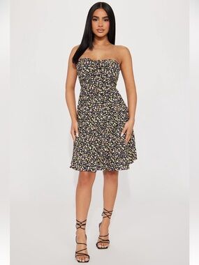 Fashion Nova Black Floral Strapless Sundress with Pastel Blooms